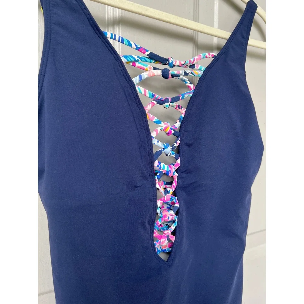 Lilly Pulitzer Isle Lattice One-Piece Swimsuit 6 Navy Blue Lace Up Cruise Sexy